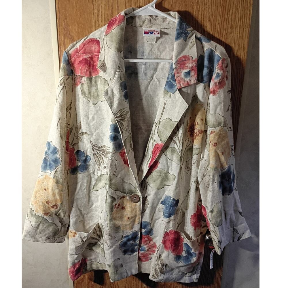 Vintage Haband Floral Rayon Flax Blend Jacket USA Made Medium Heritage Blazer